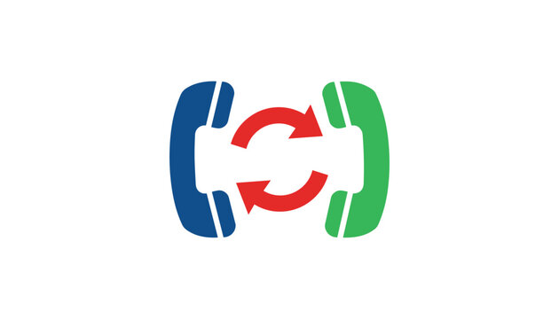 Two telephone receivers in blue and green colors are connected by circular red arrows representing communication exchange.