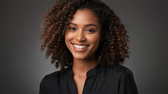 Radiant confident woman with beautiful curly hair smiling warmly in natural light