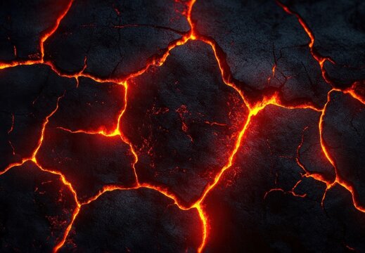 glowing molten lava fissures cutting through cracked black volcanic rock, intense heat and ominous fiery glow