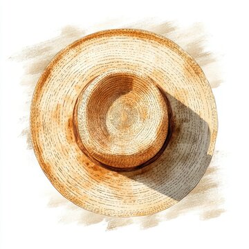 overhead view of a woven straw sun hat with wide brim casting a soft shadow, evoking relaxed warm summer nostalgia