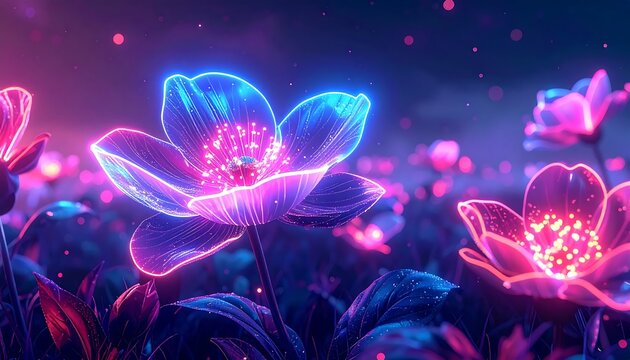 Abstract digital art with vibrant neon blue and pink light effects.