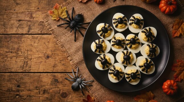 Halloween deviled eggs decorated like spiders with black olives