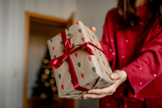 Woman holding Christmas gift at home