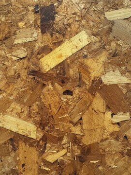 close-up of compressed wood chipboard panel with layered wood flakes, warm golden brown tones and rough rustic texture