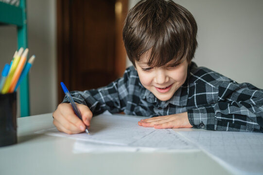 Smiling schoolboy writing homework at a desk indoors