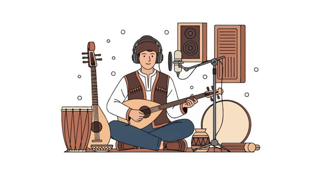 Illustration of a male musician in traditional folk clothing playing a lute in a recording studio with a microphone, headphones, and various ethnic percussion instruments on white.