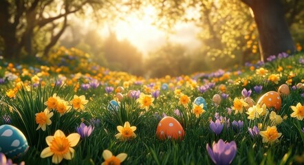 Obraz premium Sunlit spring meadow of yellow daffodils and purple crocuses with colorful painted eggs tucked in lush green grass beneath sunlit trees, warm golden glow evoking peaceful joyful celebration