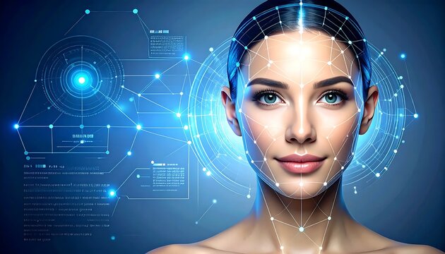 Young woman with glowing blue digital technology elements.