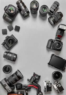 Photography equipment frame with cameras and lenses copy space