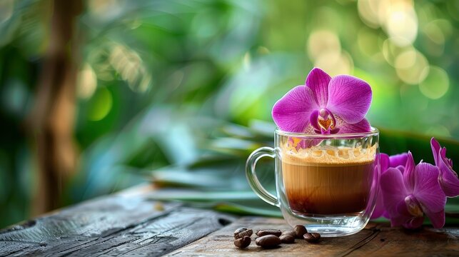 Espresso coffee cup topped with purple orchid in a tropical garden setting with soft bokeh focus for cafe branding and hospitality marketing