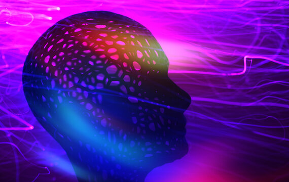 Futuristic neural network head in cyberspace with neon light