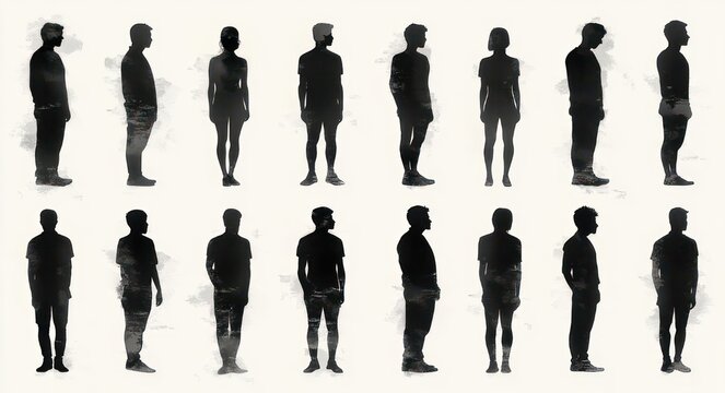 multiple black silhouettes of men and women in varied standing poses, profiles and frontal views on a textured white background with a neutral, contemplative mood
