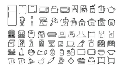キッチン家電と調理器具のミニマルな線画アイコンセット、冷蔵庫、電子レンジ、ミキサー、コーヒーメーカーなど、料理や家事のウェブサイト、アプリ、プレゼンテーションに最適なベクター素材 © Faizan
