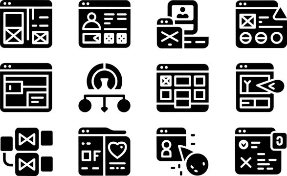 Web development wireframe icons featuring website interface layouts, site mapping architecture, user experience tools and content blocks