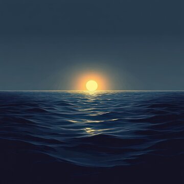 golden sun sinking on the horizon over a vast dark blue ocean with gentle reflective waves, serene and contemplative mood
