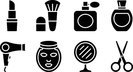 Cosmetic beauty icons representing makeup accessories, skincare tools, salon equipment, perfume bottles, handheld mirrors © MOHAMMAD