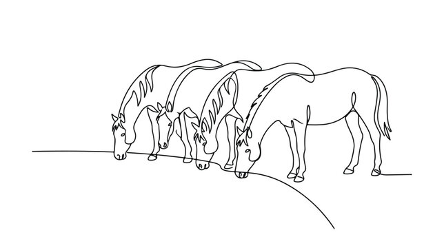 ミニマルな一本線で描かれた、草を食む4頭の馬の群れ。連続した線画が特徴的な、優雅でシンプルな動物イラストレーション。ロゴデザインやウェブサイトの背景に最適なベクターアート。
