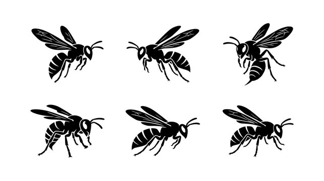 Set of black wasp stickers isolated on white background depicting dangerous flying hornets with sharp stingers detailed insect graphics ideal for mascot design and pest control business branding