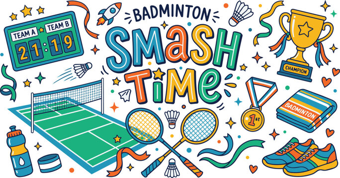 Hand Drawn Badminton Equipment and Championship Trophy transparent Vector Clipart