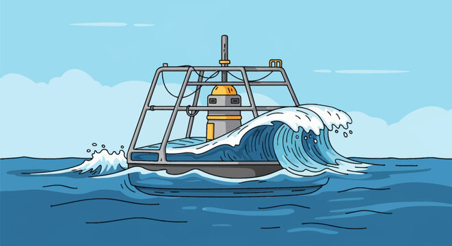 Vector illustration of a floating wave energy converter buoy with a metal cage frame and central generator, shown in a blue ocean with a large crashing wave under a clear sky.