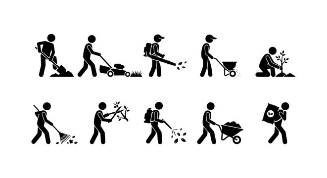 Gardening and landscaping worker set of icons showing various outdoor maintenance activities like mowing lawn raking leaves trimming branches planting trees and professional yard care service.