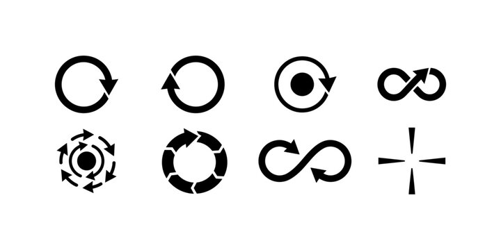 Infinite and cyclic process arrows icons collection featuring various loop symbols rotation signs repeat motions and circular flow diagrams for business concepts and technical design systems.