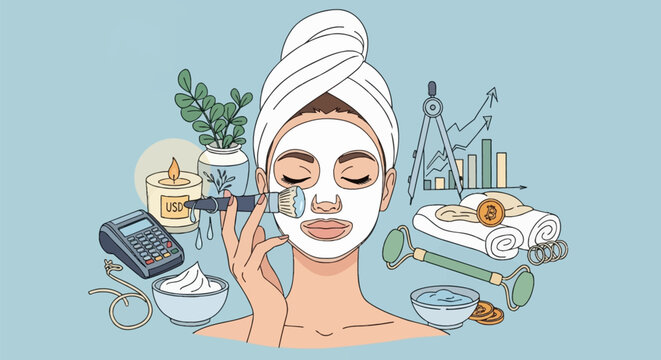 Woman in towel with white facial mask applying product with brush, surrounded by money symbols, jade roller, and chart, flat vector illustration on light blue background.