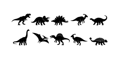 Dinosaurs silhouettes collection featuring various prehistoric extinct reptiles in dynamic poses for educational design projects vector illustration graphics black isolated icons set pack wildlife. © Fountain