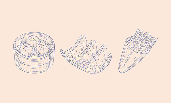 Asian street food set with dim sum, gyoza and tempura. Hand drawn vector illustration