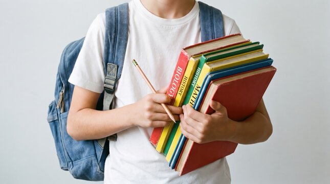 Close-Up of Student Torso in Blue Backpack Holding Colorful Textbooks and Wooden Pencil for Back to School Education, Academic Organization, and Minimalist Student Lifestyle Concept