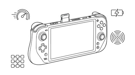 携帯ゲーム機と周辺機器のモノクロ線画イラストセット。ゲームコントローラー、充電、Wi-Fi、パフォーマンス、メニューアイコンを含む、モバイルゲーム体験を表現するベクター素材。 © Faizan