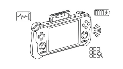 ポータブルゲーム機と関連アイコンのベクターイラストセット、白黒のミニマルなラインアートで表現されたモバイルゲーム体験、テクノロジーとエンターテイメントの融合を象徴するグラフィックリソース © Faizan
