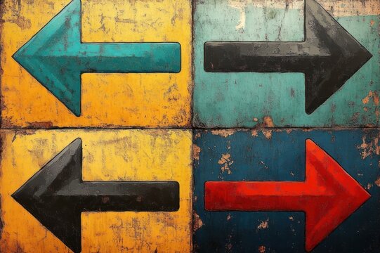 Four weathered painted arrows on distressed metal panels, two pointing left and two pointing right, bold contrasting colors and gritty vintage texture suggesting tension and movement