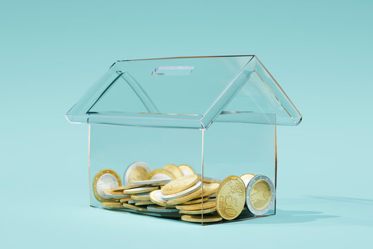 Three dimensional render of transparent house shaped coin bank