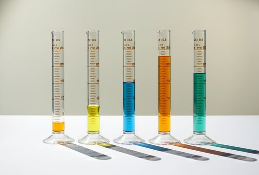 Measuring cylinder with colored liquid forming a bar chart