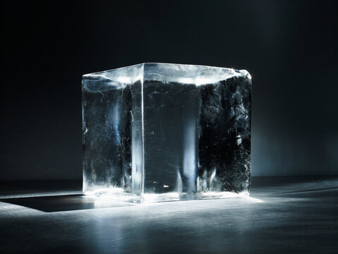 Clear solid ice block illuminated in a dark room