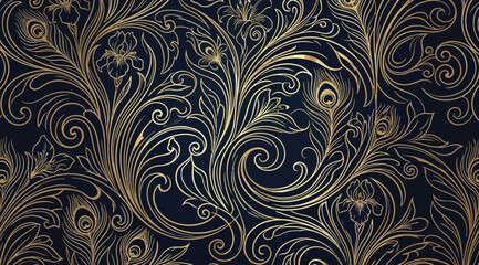 Luxury gold peacock feather and floral damask pattern on dark blue © Siam