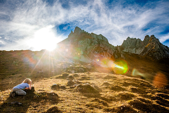 Backlit mountain peak at Grosses Walsertal in the Austrian Alps