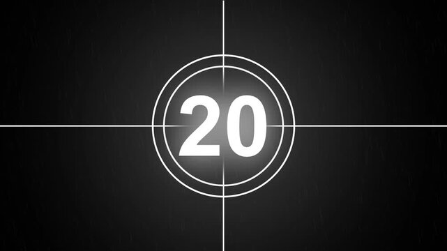 25 to 0  White Film Countdown Timer Animation with Vintage Movie Leader, Retro Cinema Countdown, Glowing Circular Target, Broadcast Intro Motion Graphics Background in 4K
