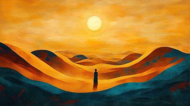 solitary silhouette standing among rolling golden dunes beneath a large glowing sun with teal shadows, evoking calm contemplation and quiet solitude