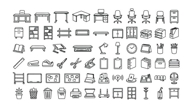 オフィス家具と文房具のモノクロ線画アイコンセット、デスク、椅子、棚、キャビネット、ランプ、時計、ハサミ、ホッチキス、プリンターなど、ビジネスや学習環境に最適なベクター素材