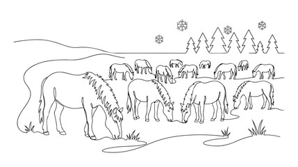 冬の牧草地で草を食む馬の群れ、雪が舞う風景。連続した一本の線で描かれたミニマルなベクターイラスト、動物と自然の調和。 © Faizan