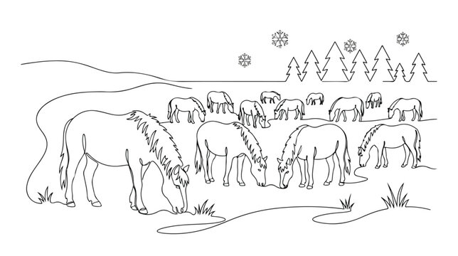 冬の牧草地で草を食む馬の群れ、雪が舞う風景。連続した一本の線で描かれたミニマルなベクターイラスト、動物と自然の調和。