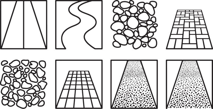 Set of landscape path and ground texture icons featuring various paving styles and gravel surface patterns