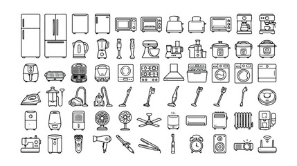 家電製品のミニマルなアウトラインアイコンセット、冷蔵庫、電子レンジ、洗濯機、掃除機など、家庭用電化製品の白黒ベクターコレクション、ウェブサイトやアプリデザインに最適 © Faizan