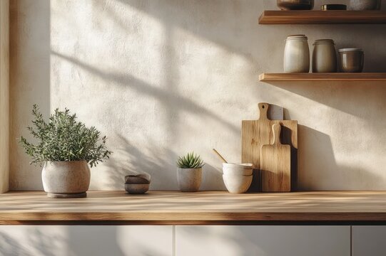 sunlit rustic kitchen countertop with potted herb, small succulent, mortar and pestle, leaning wooden cutting boards and ceramic jars on floating shelves, warm serene morning mood