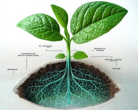 Young green seedling with exposed root network in soil, labeled diagram showing growth, vitality and nurturing