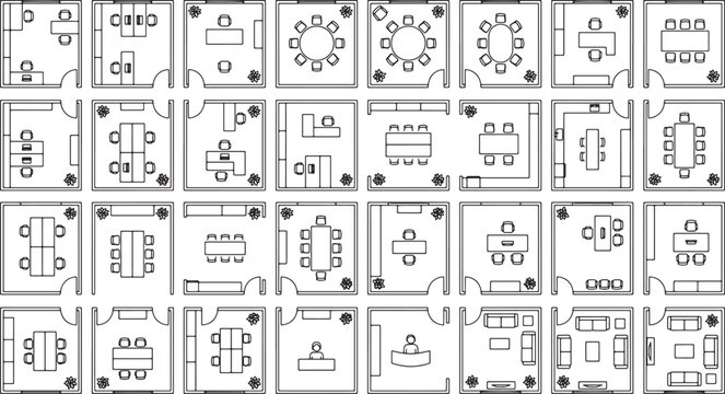 Set of office floor plan layouts with furniture arrangements for architectural design and interior planning projects