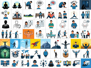 Fototapeta premium Human behavior vector illustration set showing mental health medical conditions and various professional business work situations