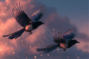 Fototapeta premium Two magpies soaring through pink sunset clouds with golden particles, cinematic lighting, and twilight sky gradients. Copy space on right for text. Ideal for lifestyle branding and editorial design.
